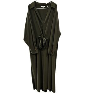 Vince Olive Green Tie Front Midi Dress 3X Minimalist Draped Shirt Dress